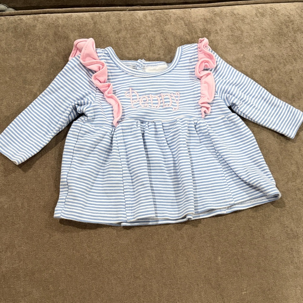 Penny Embroidered Striped Blue and Pink Ruffle Baby Top